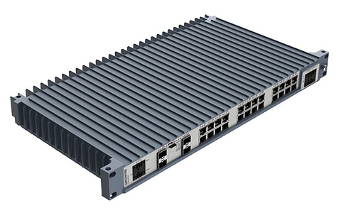 Westermo Industrial Rackmount Switch Redfox-5528-F4G-T24G top left angle view.