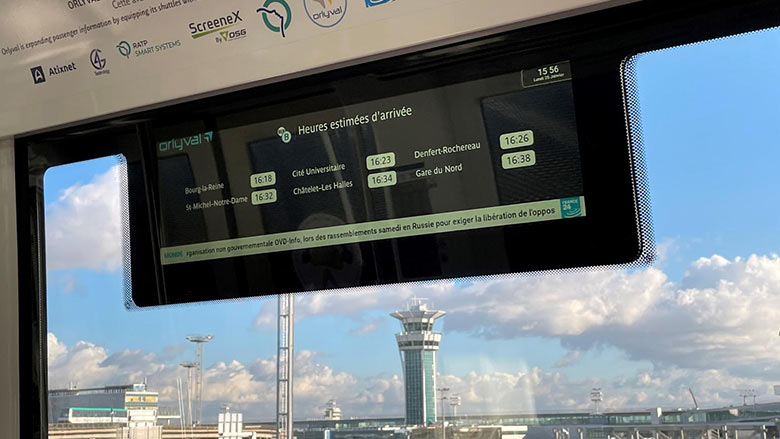 Smart LCD window onboard Orlyval airport shuttle.